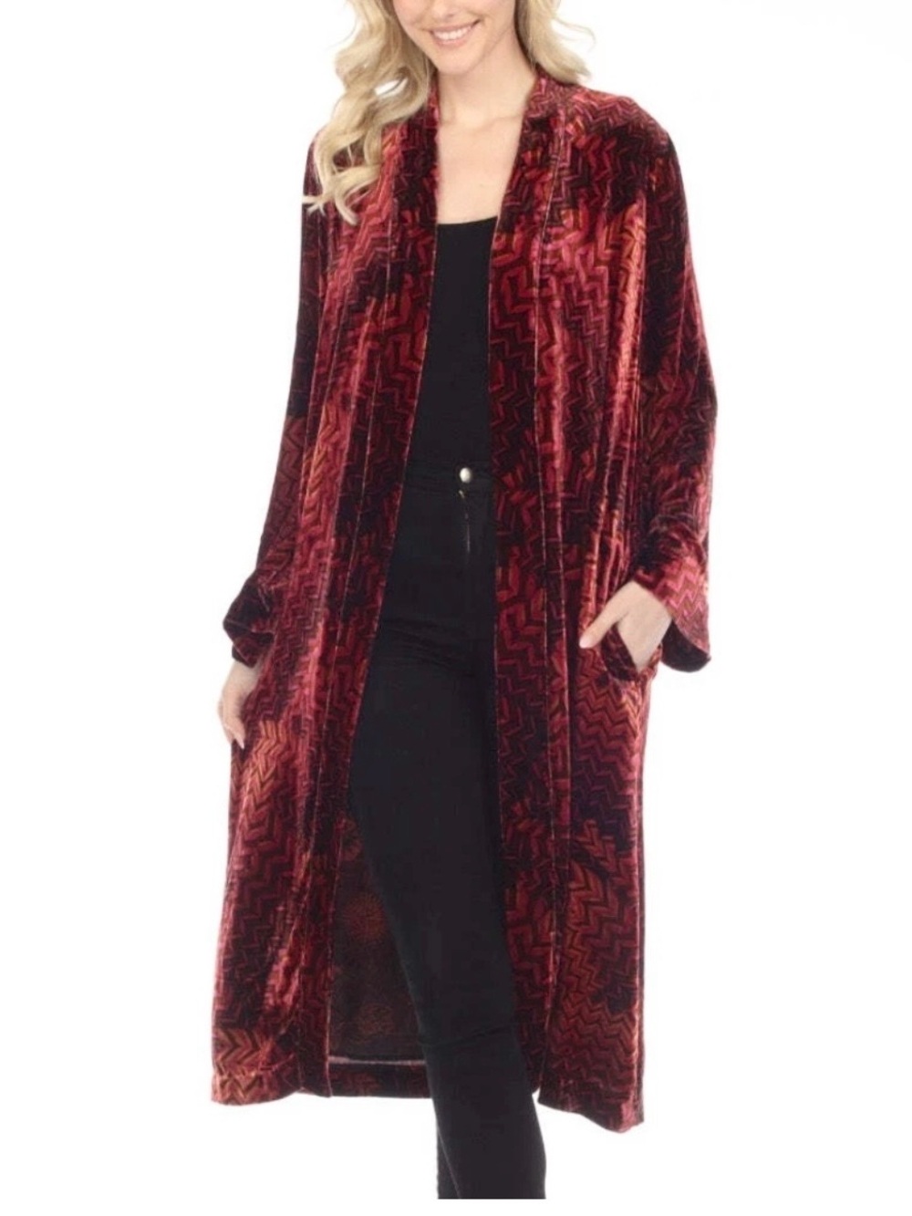Beautiful chevron Johnny Was Burgundy Velvet Kimono Robe Coat XS jacket silk